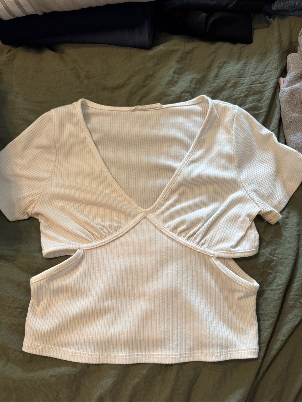 White Ribbed Cutout V-Neck Women’s Top